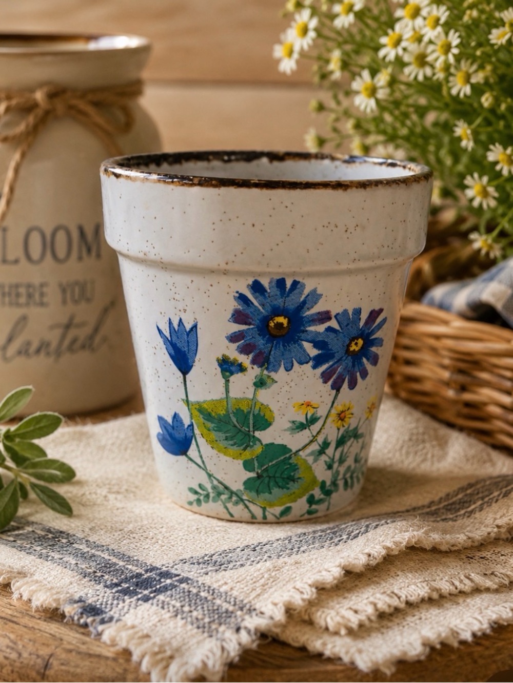 Mini Blue Floral Ceramic Planter Pot - Rustic Home Art